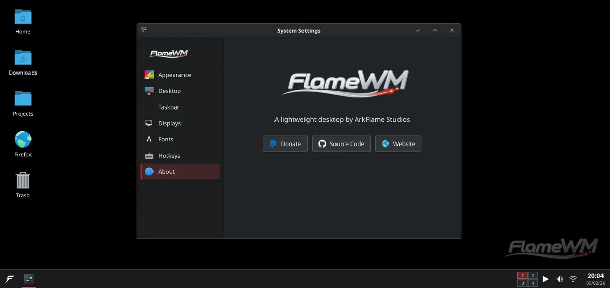 FlameWM desktop with the panel, wallpaper and open windows